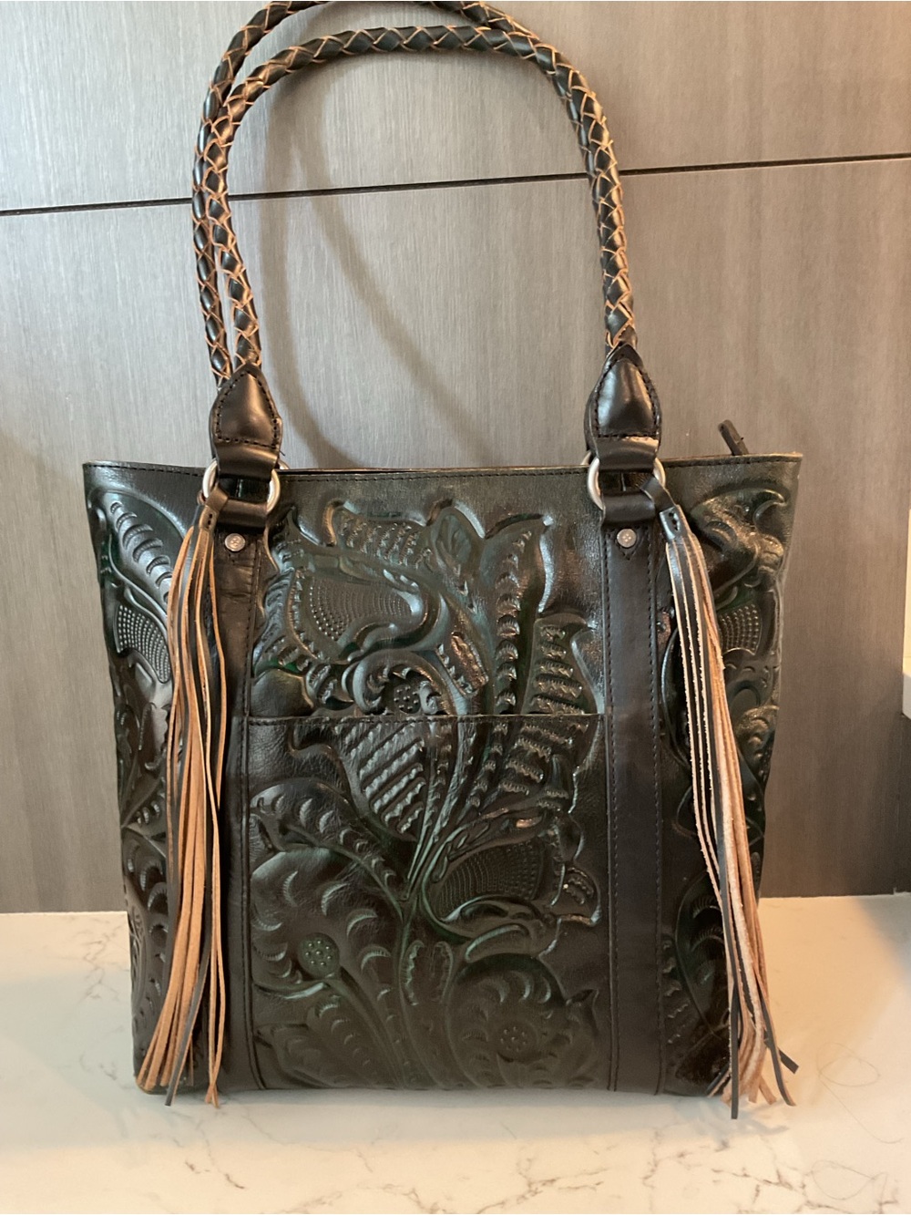 Patricia Nash Black Tooled Leather Tote with Tassels